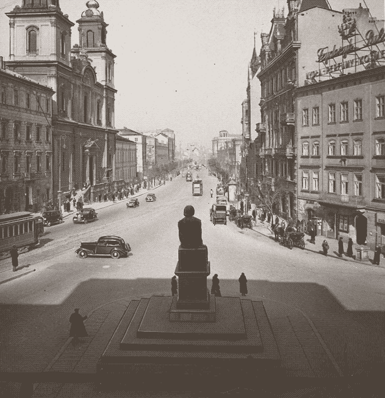 Krakowskie Przedmieście z pomnikiem Kopernika, widok z okna Pałacu Staszica