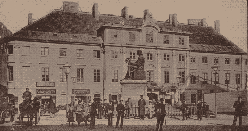 Pomnik Kopernika, widok na nieistniejący dziś pałac Karasia, 1903