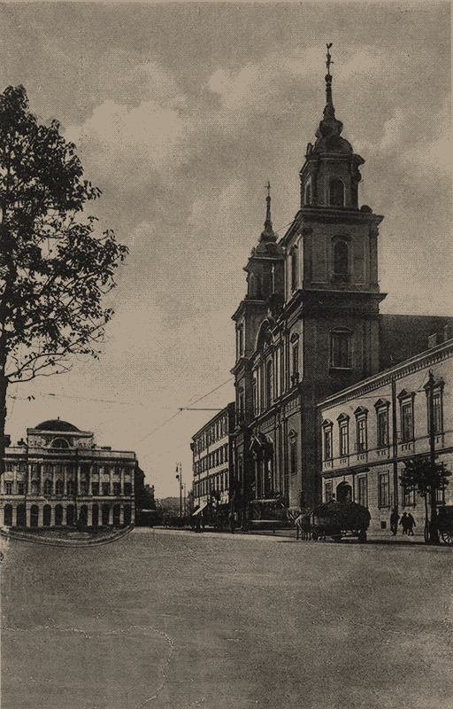Krakowskie Przedmieście, widok na Kościół Świętego Krzyża i Pałac Staszica, przed 1939