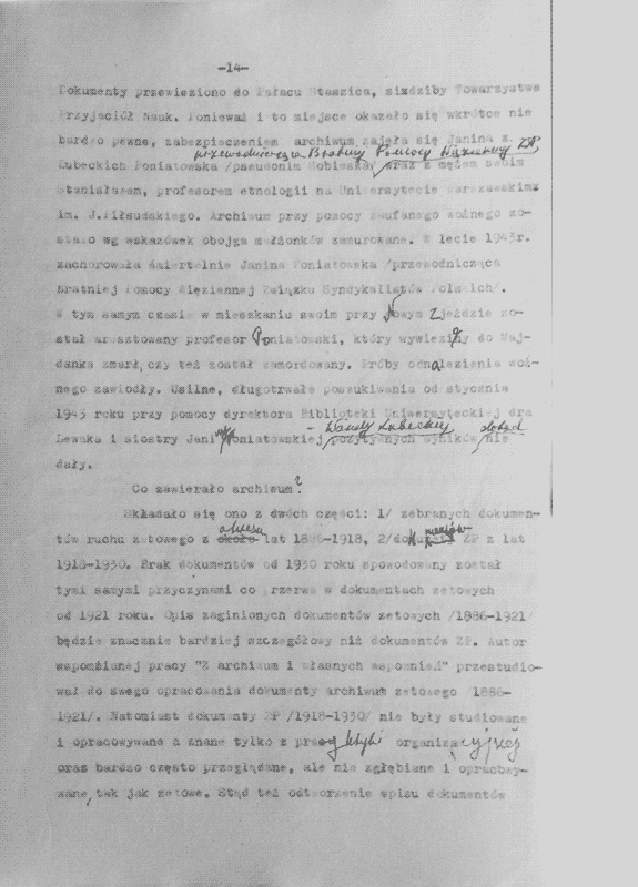 Pierwsza strona spisu zaginionych dokumentów Zetu, maszynopis, BN, fragment ze zbiorów autora