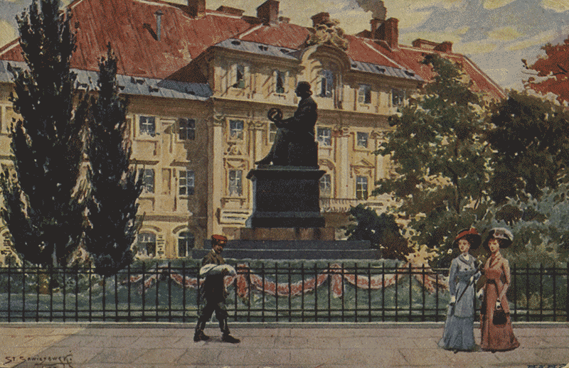 Stanisław Sawiczewski. Pomnik Mikołaja Kopernika na tle nieistniejącego pałacu Karasia